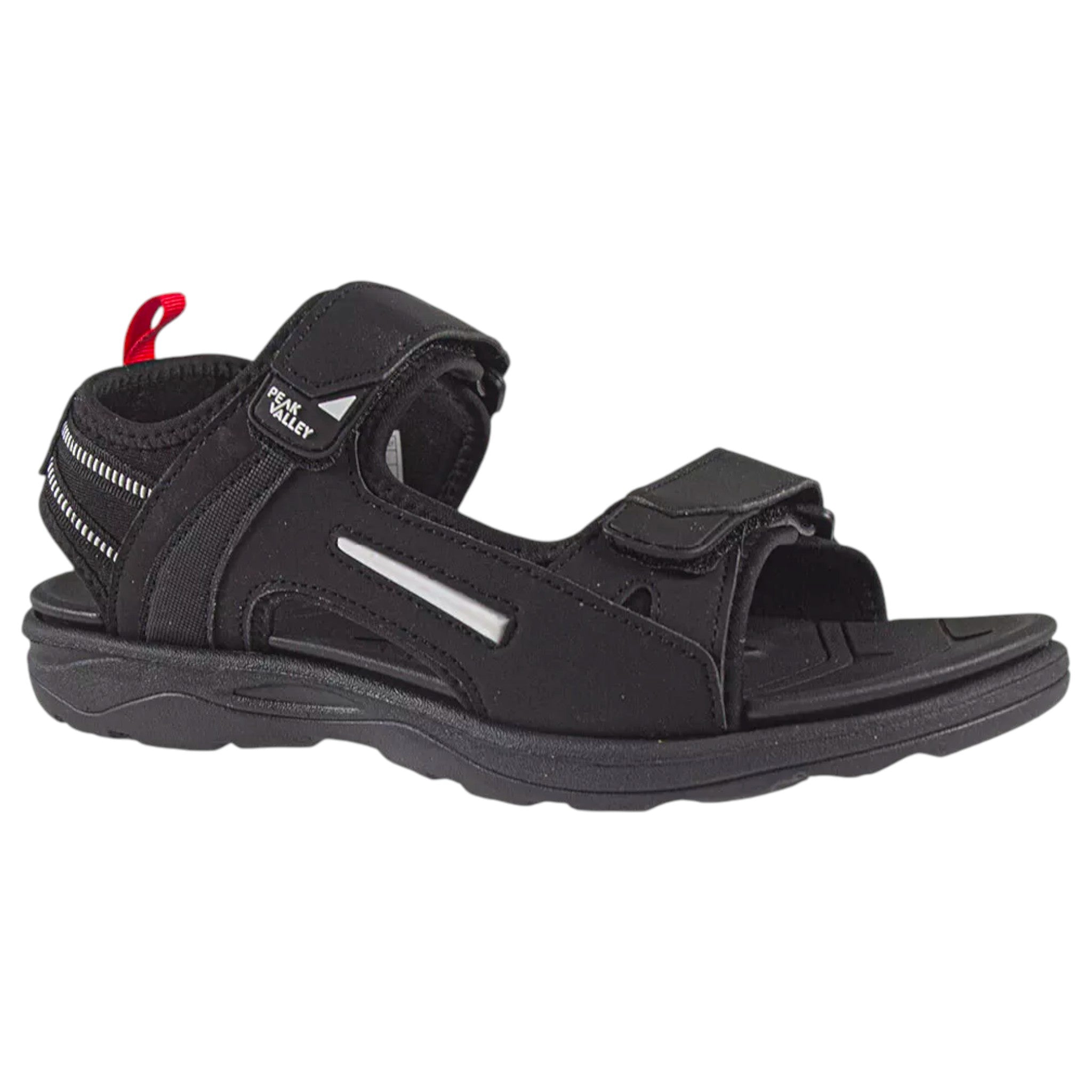 Men's black Peak Valley outdoor sandals with rugged sole and adjustable Velcro straps – durable trekking and walking footwear
